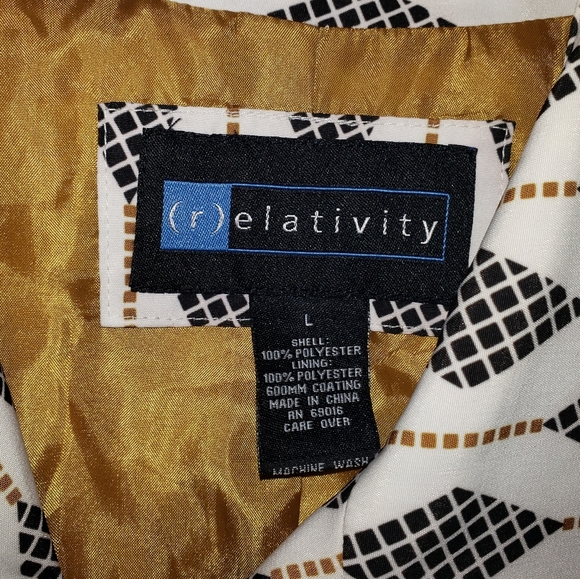 Relativity Geometric Diamond Argyle Print Rain Coat Sz Large Pockets Long Jacket - Picture 8 of 13